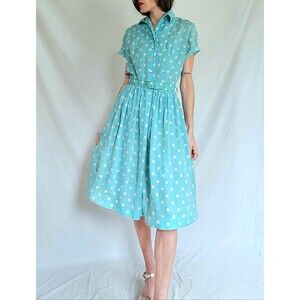 Vintage 1950s Polka Dot Shirt Dress: 50s Cotton Day Dress, Womens Medium
